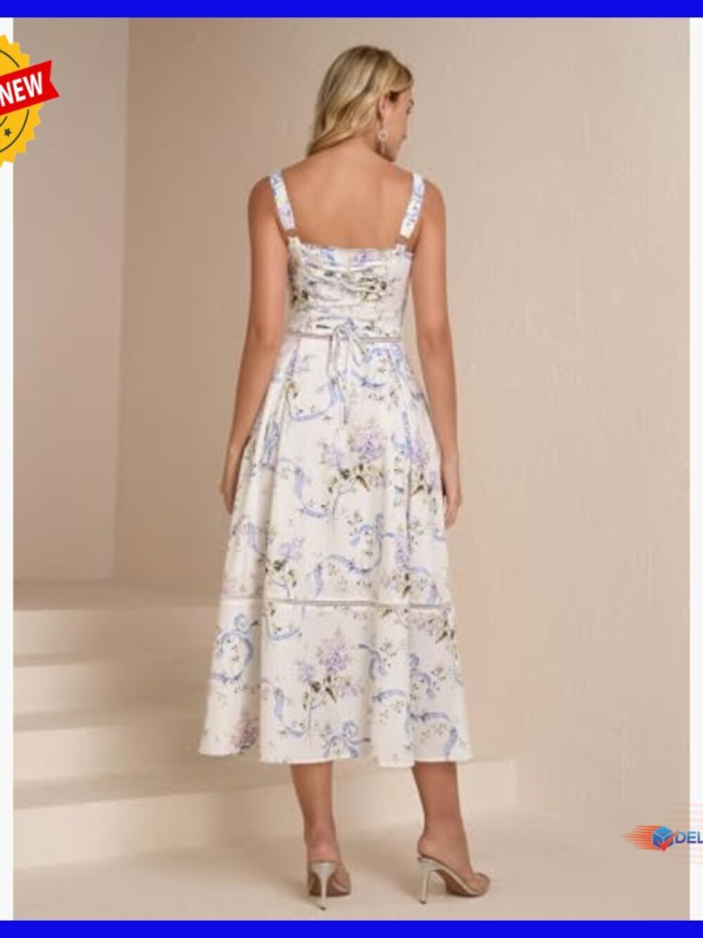 Floral Corset Midi Dress with Pockets Lace Up Back Cutout Summer Wedding Guest - Picture 3 of 6